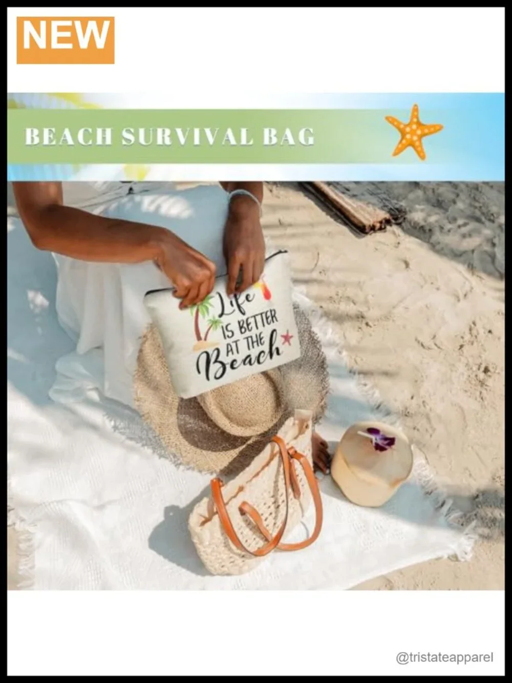 Set of 6 Cotton Canvas Cosmetic Pouches with Inspirational Beach Quotes